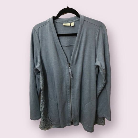 LOGO By Lori Goldstein Full Zip V Neck Lace Back Cardigan Sweater Size Large - Picture 1 of 15